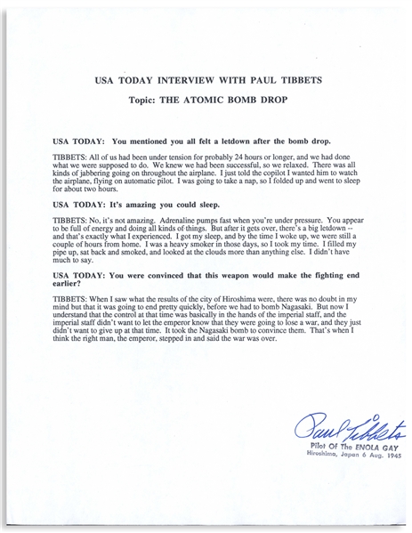 Paul Tibbets Signed Statement Regarding Dropping the Atomic Bomb on Hiroshima During World War II -- Including How He Took a Nap Afterwards